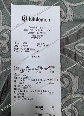 USA Lululemon shop payment receipt